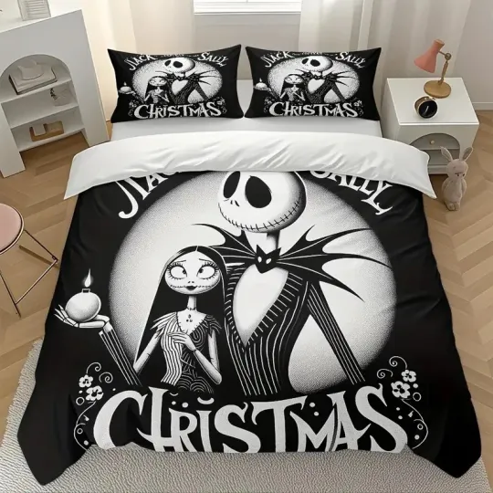 Jack Skellington & Sally Nightmare Couple Halloween Black & White Bedding Set