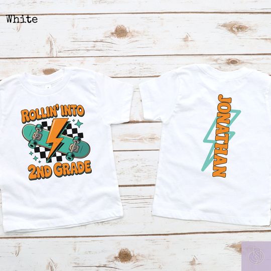 2nd Grade Skateboard T-Shirt for Boys, Personalized Name T-Shirt, Two-Sided Design, Teacher Shirt, Skateboarding Tee, Custom Teacher Tee