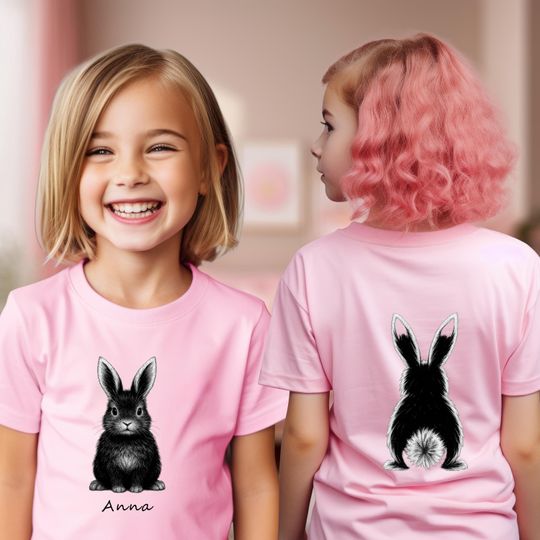 Kids Cute Bunny Both Sides Tshirt Custom Name Tee Back to School Prek Pre K Celebration Shirt, Bunny Rabbits for Kids Girls Pink Blue Shirte