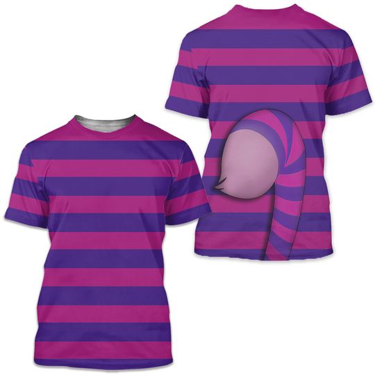 Cheshire Cat Purple Blue Stripe Cat Halloween 3D Shirt, Halloween Costume Family Group T Shirt, Mysterious Cat Character Cosplay Costume Tee