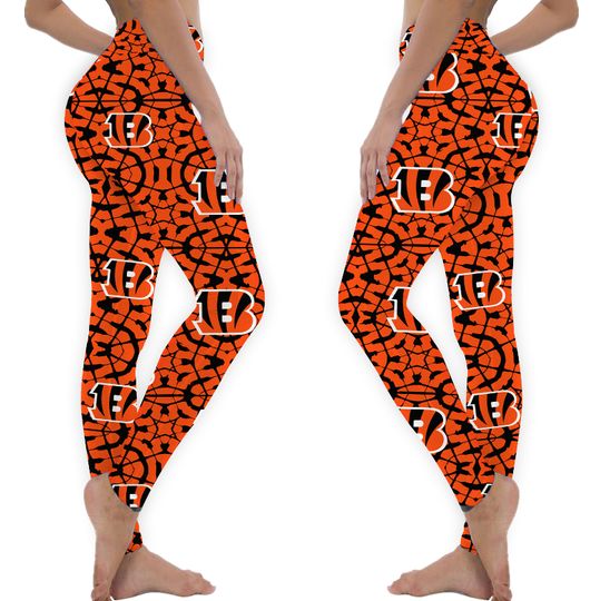 Discover Cincinnati Football Leggings Yoga Pants, Bengal Pattern Football Leggings, Cincinnati Game Day Football Leggings