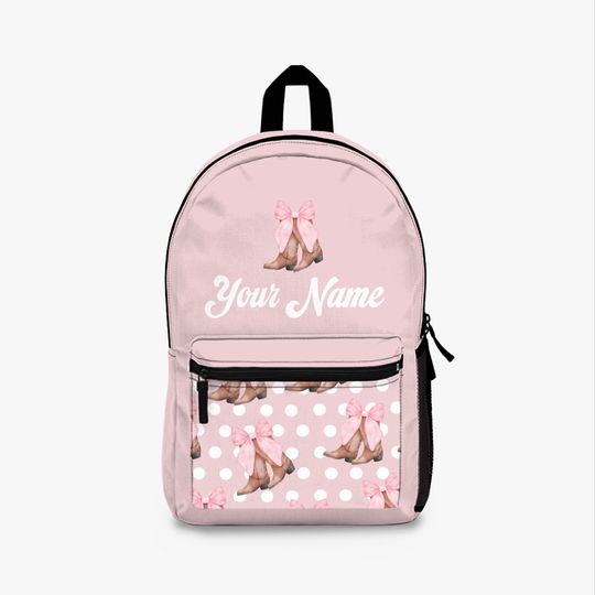 Personalized Coquette Cowgirl Backpack, Cowgirl Boots Bows Bookbag, Custom Name Back to School, Western Cute School Bag, Pastel Pink
