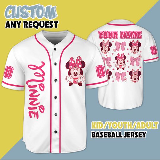 Custom Disney Minnie Mouse Baseball Jersey, Custom Minnie Mickey Jersey, Birthday Gift, Magic Kingdom Family Summer Trip Matching