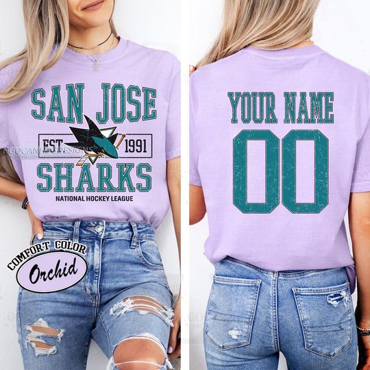 Personalized San Jose Sharks T-Shirt | Comfort Colors T-Shirt for Hockey Fans | Custom Number | Retro Team Shirt