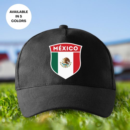Mexico Soccer Cap, Mexico Country Flag in a Shield Hat, Printed Soccer Dad Cap, Soccer Mom Cap, Mexico Football Emblem Unisex Black Cap