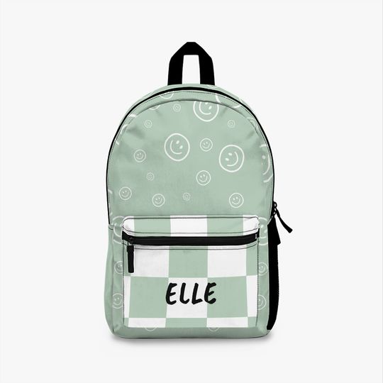 Personalized Green Smiley Face and Checkered Backpack, Cute Backpack, Back to School Bag for Girls, Backpack for Middle school girls