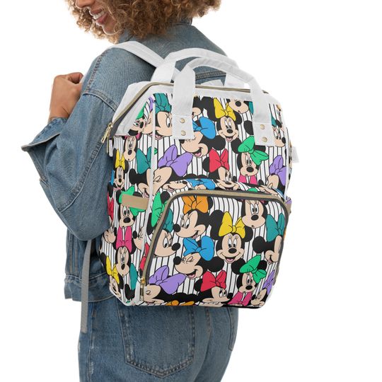 Minnie Mouse Diaper Bag Backpack | Disney Baby Travel Bag | Stripe Dot Mom Bag | Baby Shower Gift Idea New Baby Gift New Mom Gift Park Bag