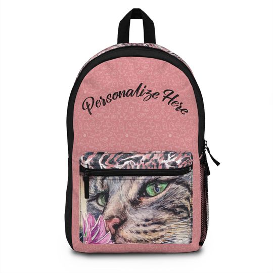 Tabby Cat Leopard Print Backpack, Pink Floral School Bag, Cute Kitten Travel Pack, Cat Lover Gift, Animal Print Rucksack