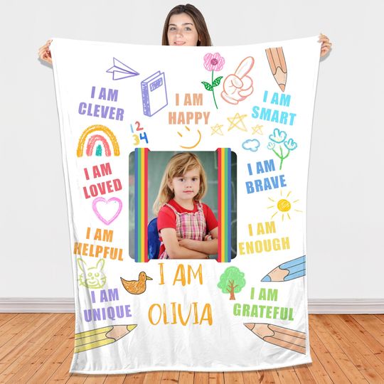 Custom Affirmation Blanket for Kids,Personalized Name & Photo, Back to School or Birthday Gift, Inspirational kids blanket, Girls Room Decor