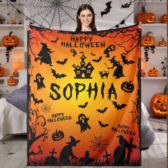 Custom Horror Halloween Blanket, Personalized Name Spooky Throw Blanket for Women Men Him Her Kids Boys Girls, Back To School Gift
