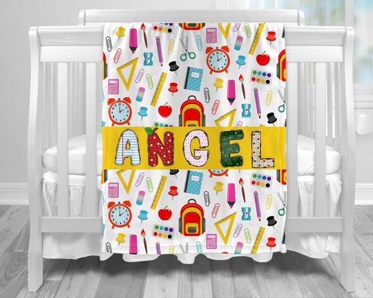 Personalized Back to School Essentials Kids Blanket, Custom Name Gift, 1st Day of School Gift, Teacher Appreciation Gift, Baby Bedding Gift