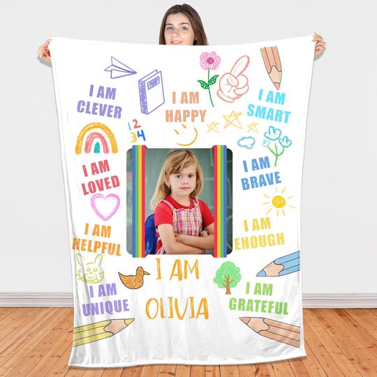 Custom Affirmation Blanket for Kids,Personalized Name & Photo, Back to School or Birthday Gift, Inspirational kids blanket, Girls Room Decor