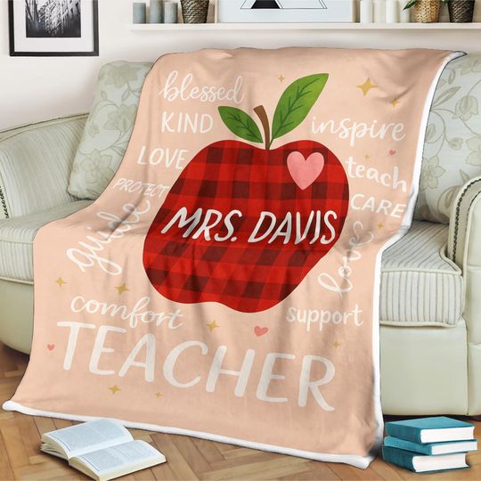 Custom Teacher Blanket Personalized Apple Design with Name, Hearts & Stars Gift from Students to Beloved Educator, Mrs. James