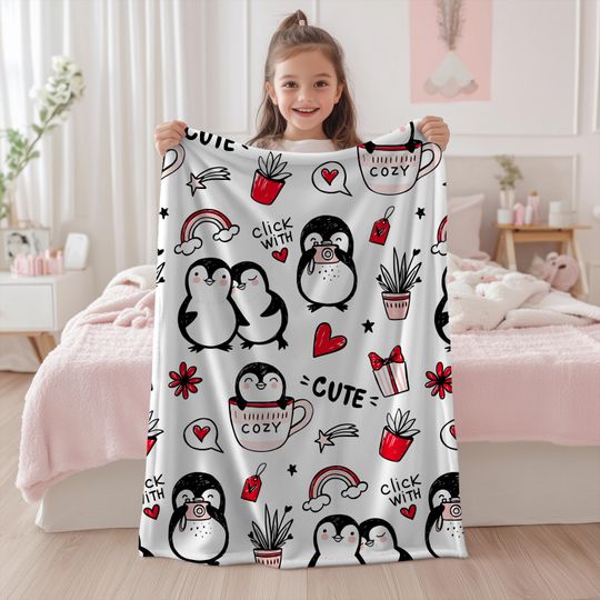 Cute Penguin Kids Velveteen Plush Blanket, Gift For Girls and Boys, Back To School, Baby Room Decor, Children's Room, Gift For New Mom