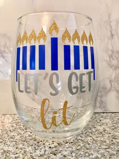 Let's Get Lit Wine Glass, Hanukkah Wine Glass, Hanukkah Gift, Hanukkah Present, Chanukkah Wine Glass, Chanukkah Gift, Funny Hanukkah Gift