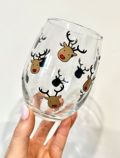 Reindeer Wine Glass, Dainty Rudolph Cup, Christmas Wine Glass, Cute Xmas Gift, Tis the Season, Wine Glass, Christmas Gift, Girl Christmas