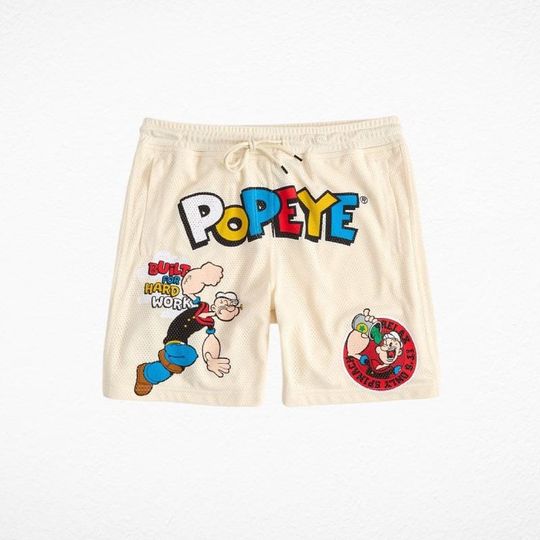 Men's Mesh Shorts with Retro Popeye Cartoon Design in Cream