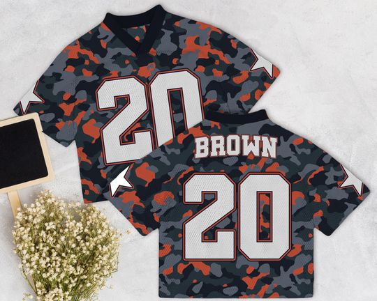Custom Orange Black Camoflage Mesh Football Concert Jersey, Custom Text Football Jersey, Streetwear Squad, Y2K Boxy Jersey