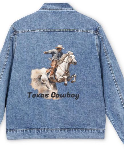 A Texas Cowboy Denim Jacket with Texas Cowboy Design, Casual Wear, Western Style, Gift for Him, Everyday Outerwear, Rodeo Fashion