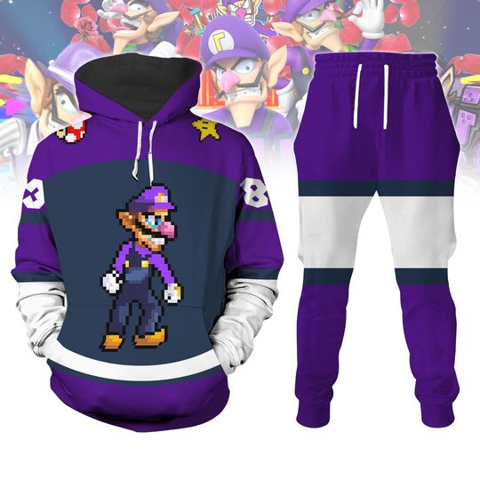 Waluigi Cosplay Hoodie Jogger, Purple Gamer Costume Tracksuit, Funny Pixel Character Outfit, Halloween Gamer Costume Hoodie Jogger