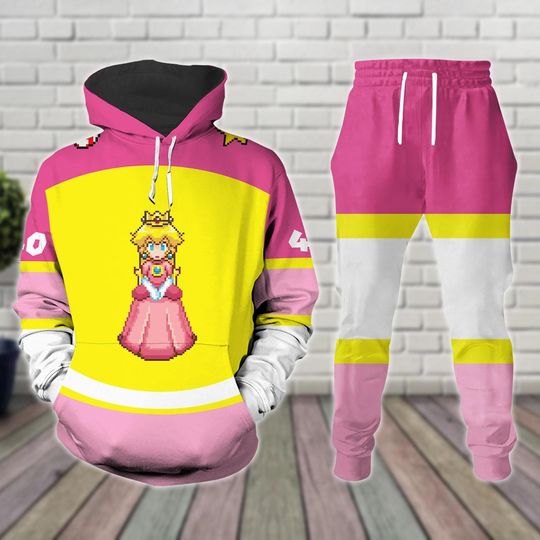 Princess Peach Cosplay Hoodie Jogger, Pink Gamer Girl Costume Tracksuit, Super Mario Hoodie Gift, Cute Pixel Halloween Outfit, 3D Hoodi