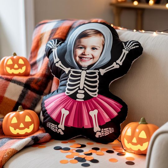 Custom Skeleton Girl Pillow, Personalized Halloween Face Plush, 3D Ugly Pillow for Kids, Photo Shaped Trick or Treat Gift, Spooky Room Decor