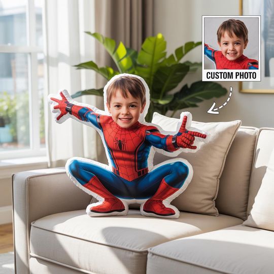 Personalized Spiderman Pillow, Kids Face 3D Ugly Pillow, Spidey Pillow, Spiderman Birthday Boy Gift, Superhero Dolls, Stuffed Shaped Pillow