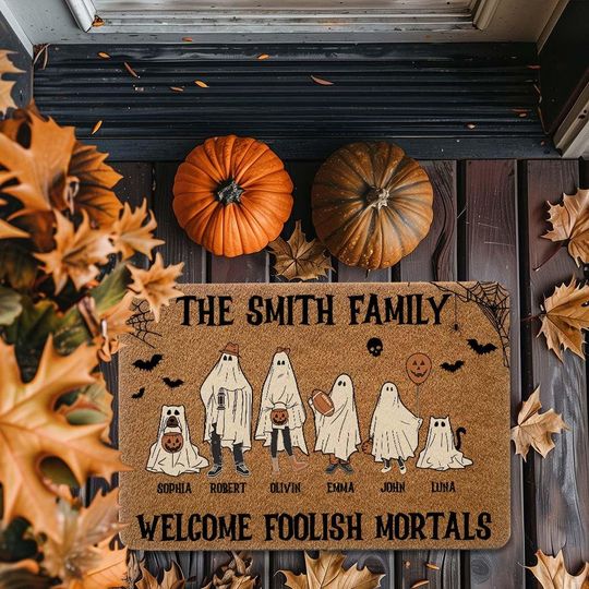 Personalized Halloween Doormat, Custom Family Doormat, Halloween Decor, Halloween Gifts, Custom Family And Pet Ghost, Family Ghost