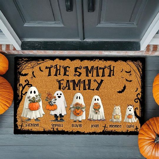 Personalized Halloween Doormat, Custom Halloween Family Doormat, Halloween Decor, Custom Family and Pets, Ghost Family Welcome Doormat Gift