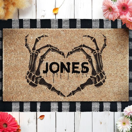 Skeleton Heart Hands, Personalized Fall Decor, Halloween Vibes Doormat,  Welcome Indoor Outdoor Mats, Skeleton Funny Doormats U491