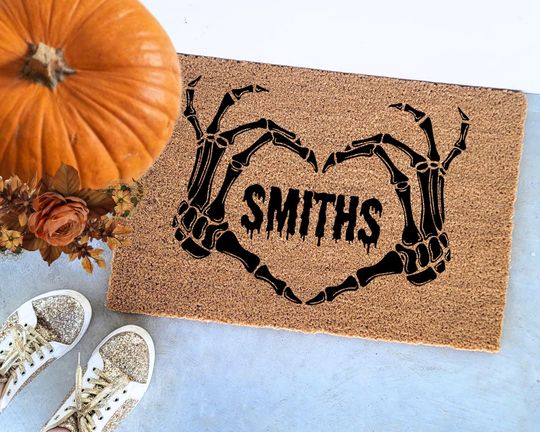 Skeleton Name Heart Hands | Personalized Fall Decor | Porch Decor | Halloween Vibes | Indoor Outdoor Mats | Doormats | Welcome Doormat |