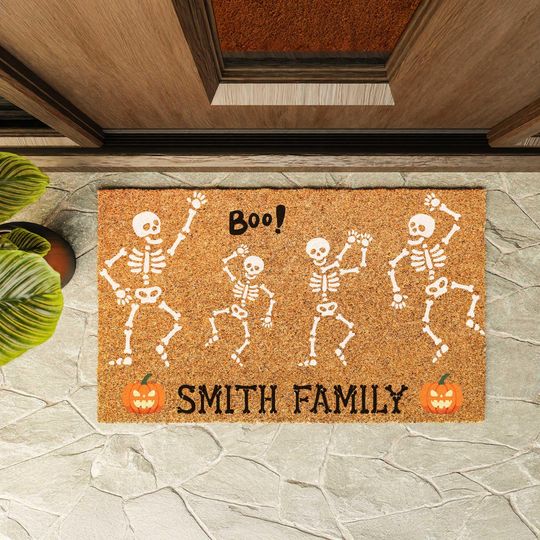Personalized Skeleton Family Doormat, Halloween Doormat, Skeleton Doormat,Halloween Welcome Doormat,Front Doormat,Coir Doormat