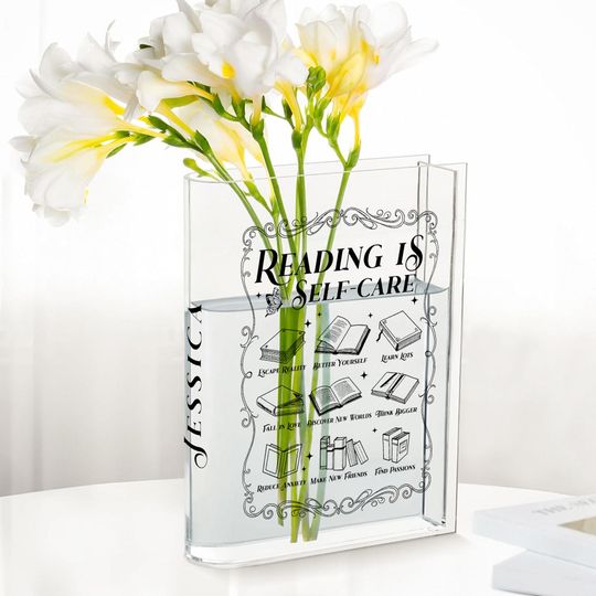 Reading is Self Care Acrylic Book Vase - Personalized Book Vase -Custom Name Gift for Book Lovers, Teachers, Readers, Book lover vase custom