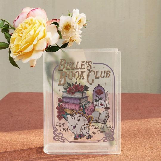 Belles Book Club Book Vase, Beauty and the Beast Inspired Vase, Acrylic Vintage Disney Decor, Tale As Old As Time Shelf Art,Book Lover Vase