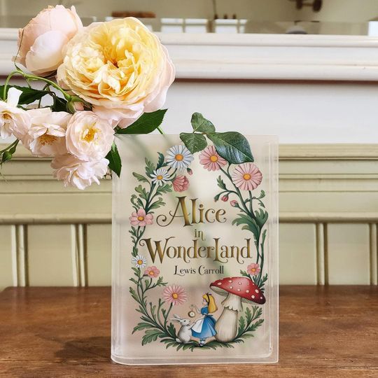 Alice in Wonderland Book Vase, Acrylic Book Vase Decor, Whimsical Vintage Floral Vase, Storybook Fantasy Room Decor, Book Lover Shelf Decor