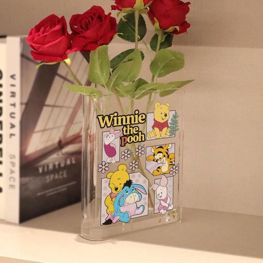 Pooh Bear Book Vase, Winnie the Pooh Vase, Acrylic Disney Vase for Shelf Decor, Pooh & Friends Shelf Art, Piglet Eeyore Tigger Decor