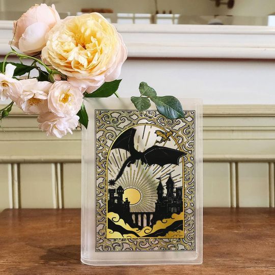 Dragon Book Vase, Fantasy Castle Vase, Acrylic Dragon Rider Decor, Medieval Sunset Book Art, High Fantasy Bookshelf Vase