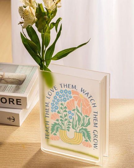 Teach Love Grow Book Vase, Teach Them Love Them Vase, Acrylic Floral Classroom Decor, Spring Growth Shelf Art, Book Vase for Educators