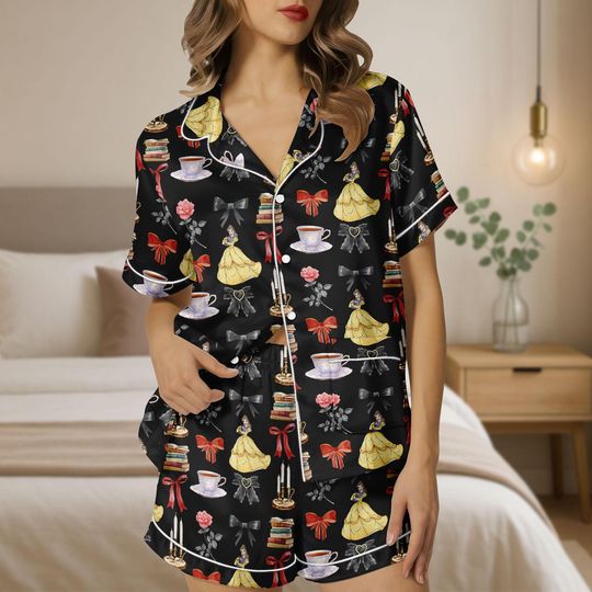 Belle Princess Pajamas Set, Bookish Beauty Nightwear Gift, Disney Princess Sleepwear, Disney Inspired Shorts