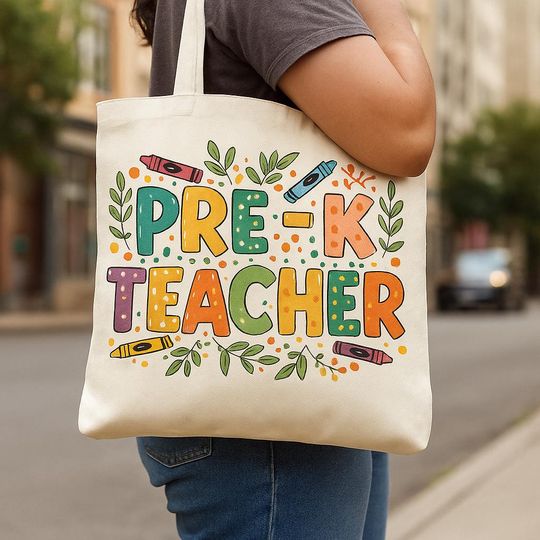 Pre-K Teacher Tote Bag Gift Colorful Crayon Design Canvas School Bag