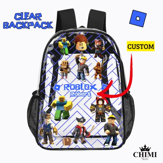 Custom Clear Roblox Backpack for Kids – Blue Logo & Name –Personalized