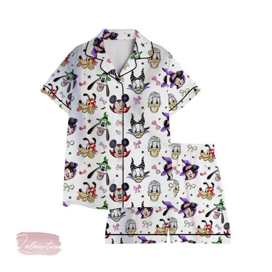 Coquette Bow Mickey & Friends Halloween Pajama Set  Disney-Inspired Sleepwear with Minnie, Donald, Goofy And Witchy Vibes