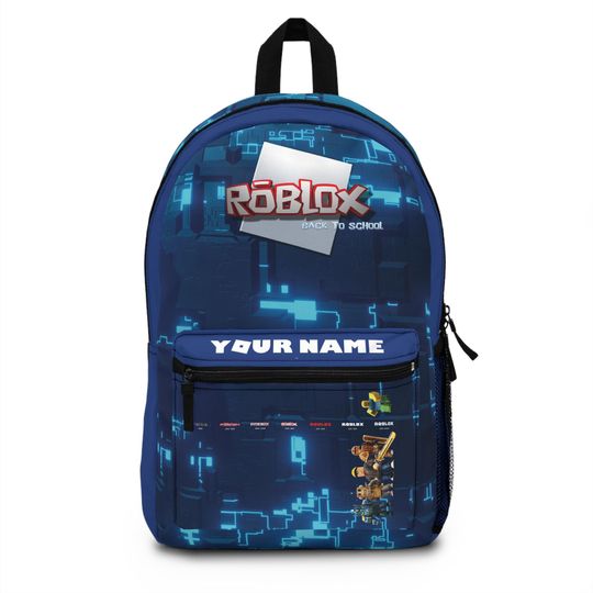 Roblox School Backpack with Personalized Name, Cool Avatars & Blue Tech Design, Back to School Backpack for Boys and Girls