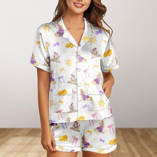 Rapunzel Tangled Pajamas Set, Disney Princess Women PJs, Bridesmaid Matching Sleepwear, Coquette Bow, Bridal Shower Gift For Her