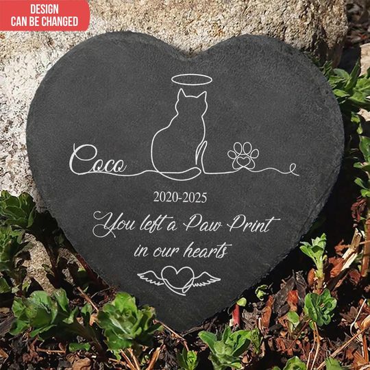 You Left A Paw Print In Our Hearts - Personalized Pet Dog Memorial Stone with A Halo, Pet Remembrance Gift,Pet Grave Stone, Garden Sign