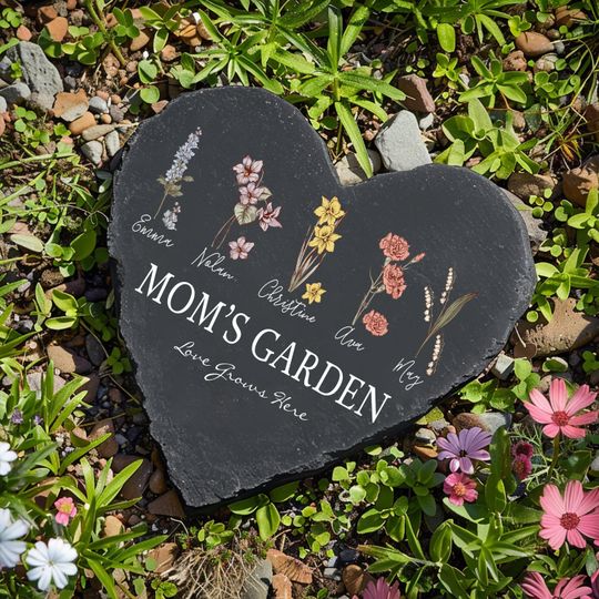 Personalized Mom's Garden Stone, Birth Month Flower Stone, Custom Mom Grandma Garden Slate, Mama Flower Slate, Gift For Mom, Gardener Gift
