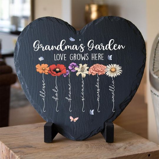 Personalized Garden Stone, Mothers Day Gifts for Grandma with Grandkid's Birth Flower Gift, Heart Shape Stone, Gifts for Mom, Grandma Gifts