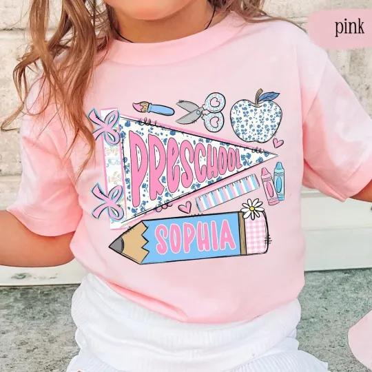 Back to School Girl Shirt Personalized, Custom Name Flag Shirt, Coquette Girls