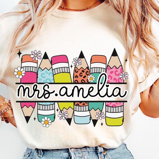 Custom design with retro pencil teacher name, custom teacher name png, back to school teacher t shirt design, first day of school png