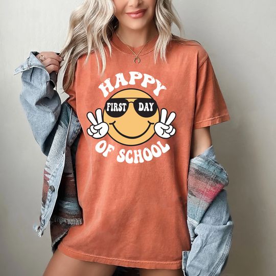 Comfort Colors Happy First Day of School Shirt, Gift for Teachers, Kindergarten Teacher, Teacher Appreciation,Back to School Shirt